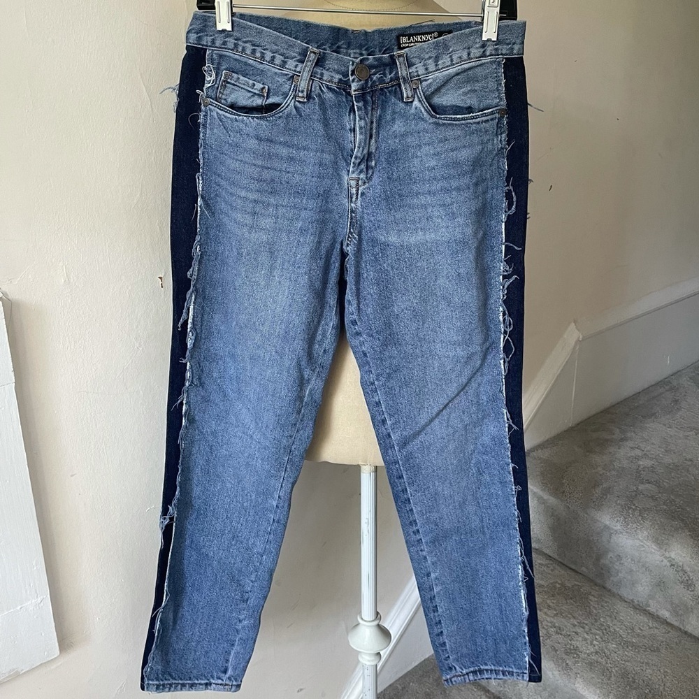 Blank NYC Womens Blue Crop Girlfriend Contrast Panel Jeans EUC Size 27